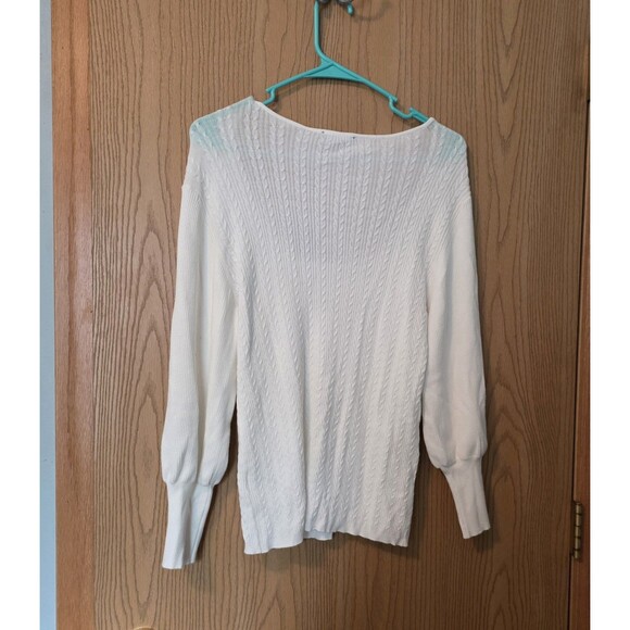 Tahari Sweater Womens Large White Star Long Blouse Sleeve Lightweight Cable Knit - Picture 2 of 5